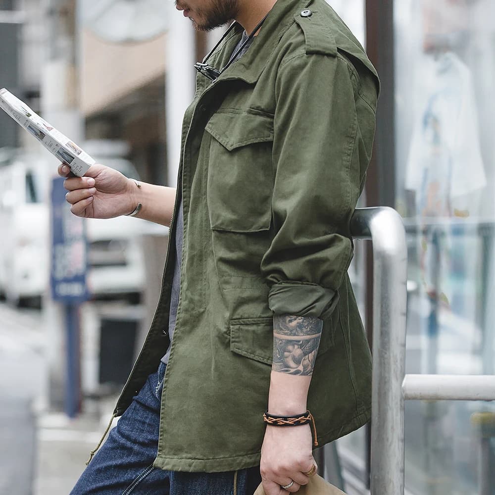 Veste de pêche vintage M65 Maden Retro pour homme - Veste coupe-vent verte multi-poches extérieure