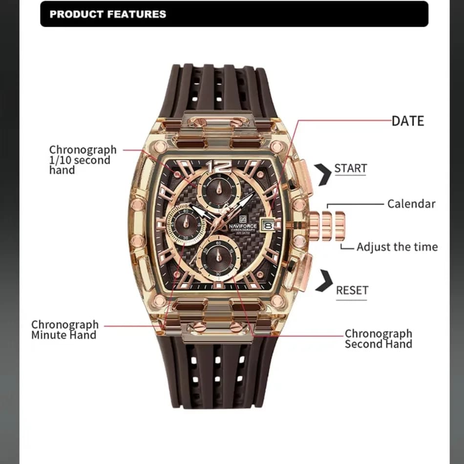 Montre homme NAVIFORCE étanche 50M - Bracelet silicone, chronographe, affichage date, sport et casual
