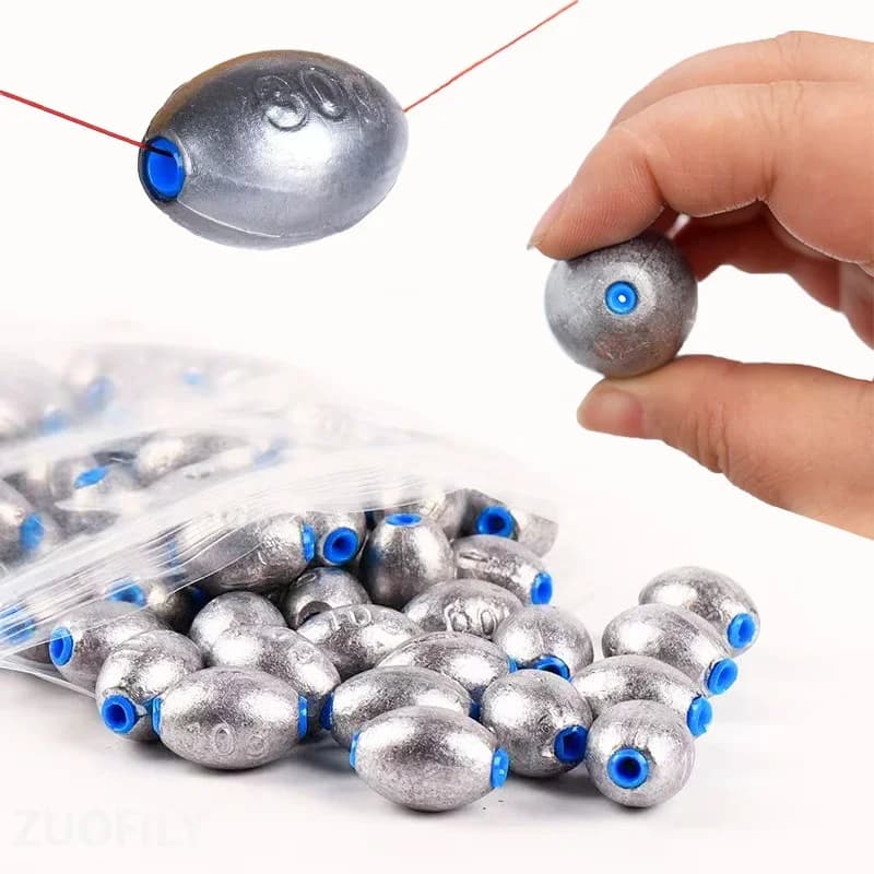 10 plombs oliviers creux avec bouchon plastique - poids de pêche 10 à 60g pour montages coulissants