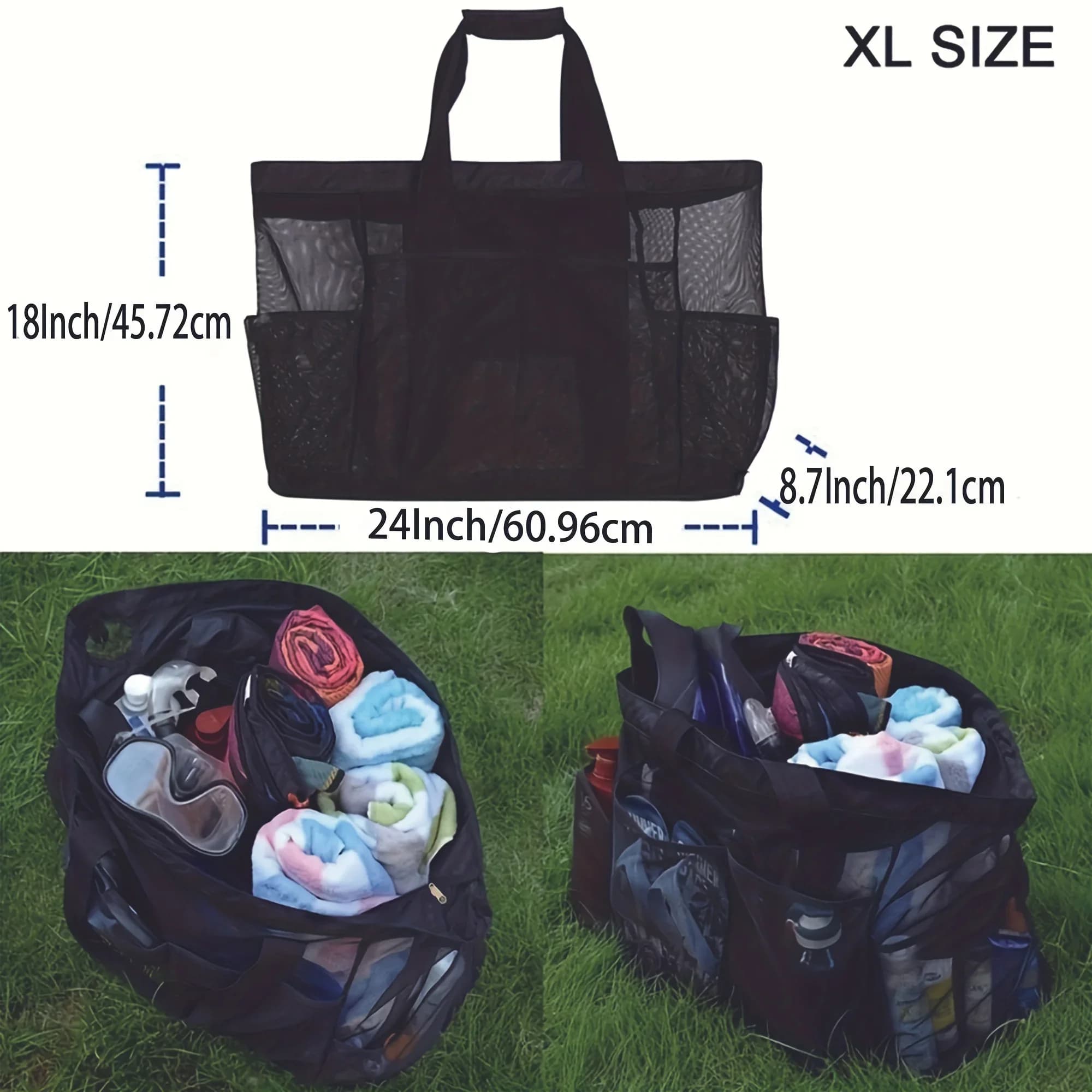 Grand sac de plage filet respirant avec fermeture éclair - Organisateur pêche plage grande capacité portable