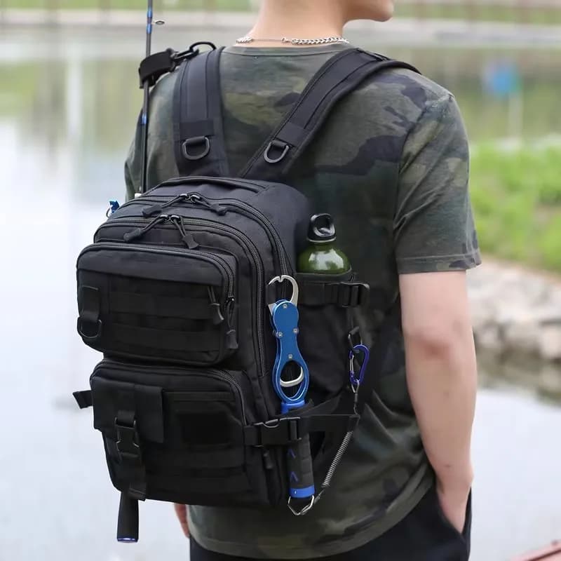 Grand sac à dos tactique pour matériel de pêche avec porte-canne et porte-gourde poches multiples pêcheurs