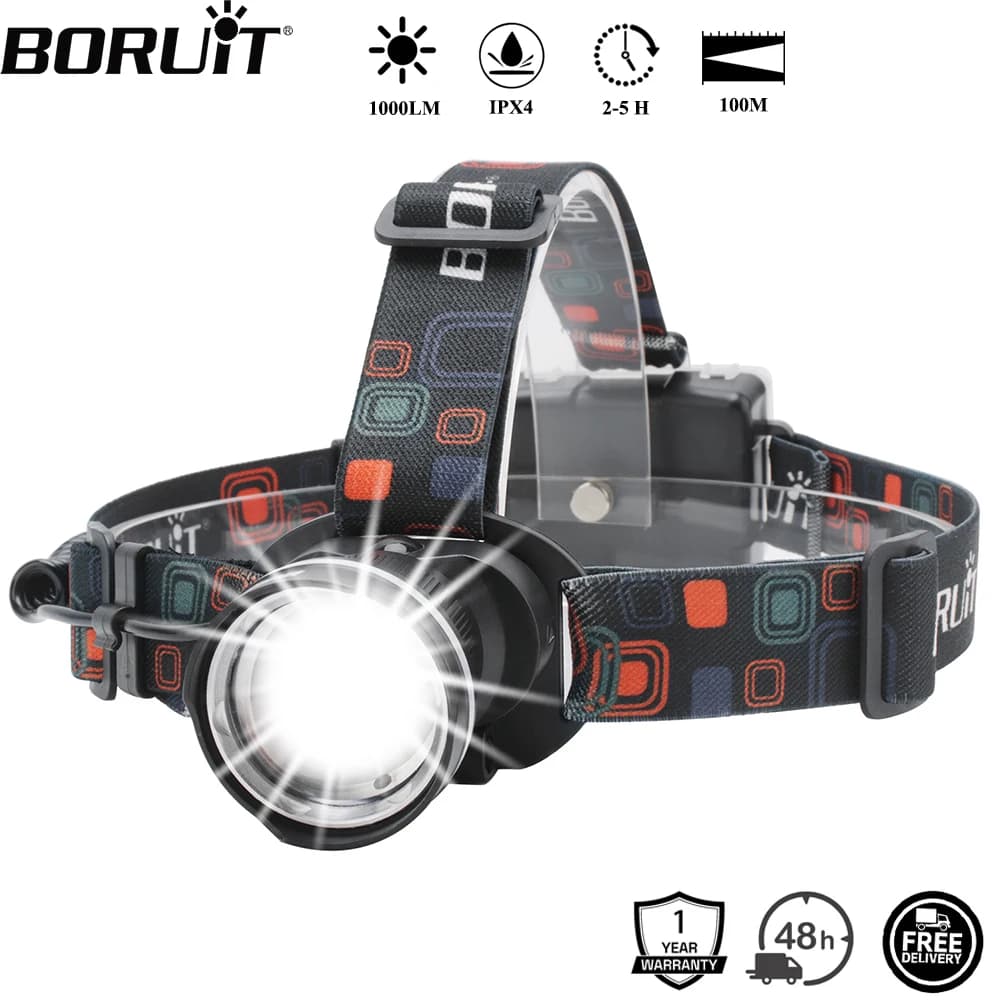 Lampe frontale BOIRUiT RJ-2166 1000LM zoomable étanche piles AA pour pêche et chasse