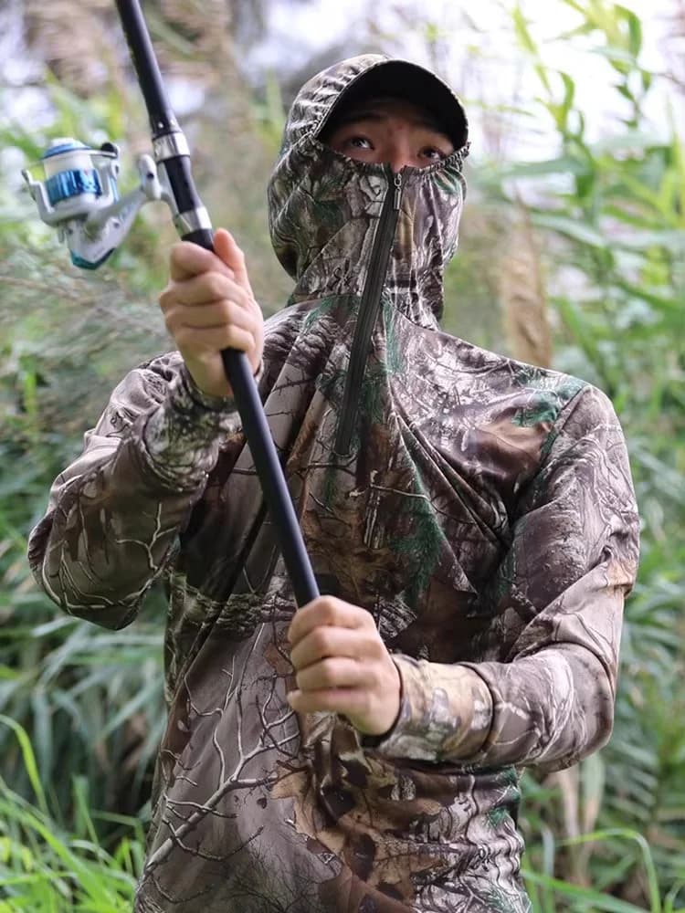 Tenue camouflage bionique arbre été léger pêche vêtements 5 pièces respirant sport extérieur sweat pantalon chapeau