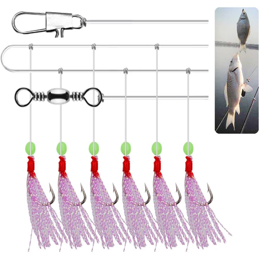 5 montages pêche 6 hameçons fil soie arc-en-ciel pour appâts eau douce et mer - Bas de ligne 8#