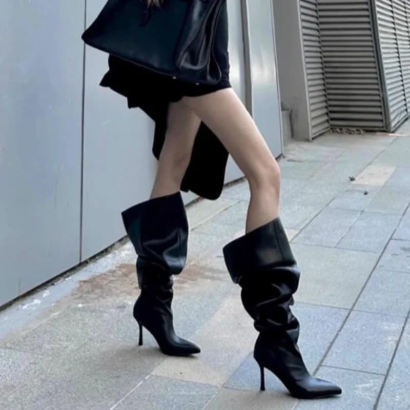 Bottes longues femmes talon fin pointu mode confort plissé européen américain sexy pêche 2023