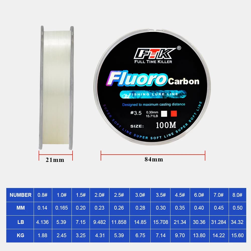 Ligne fluorocarbone FTK 100M 0.14mm-0.5mm pour pêche à la carpe et ligne coulante 4.13-34.32LB