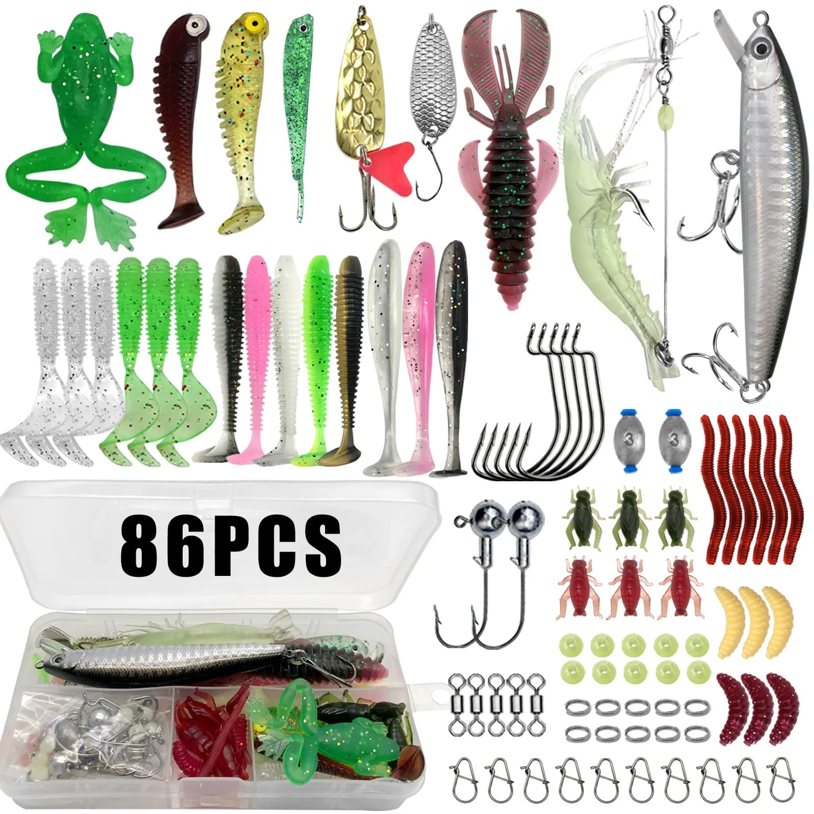 Kit pêche 86 à 366 pièces pour truite brochet black bass - coffret leurres multi-techniques complet