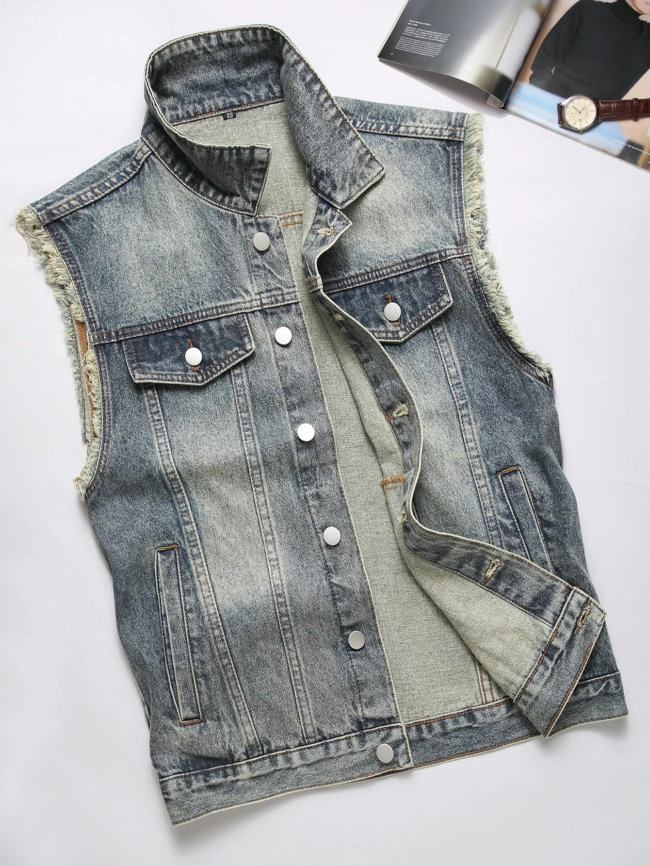 Veston débardeur en denim frangé printemps automne - Veste sans manches tendance casual pour homme
