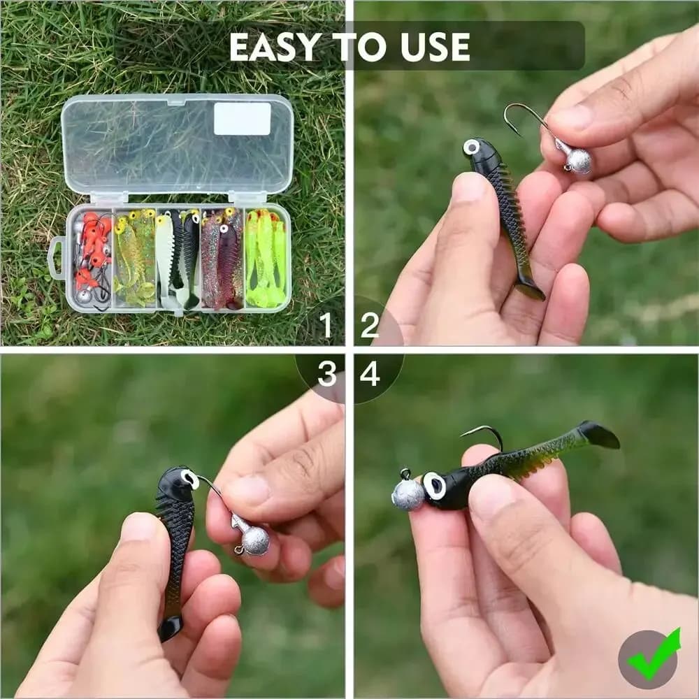 Kit 40 leurres souples 5cm avec têtes plombées - Boîte de pêche complète pour carnassiers