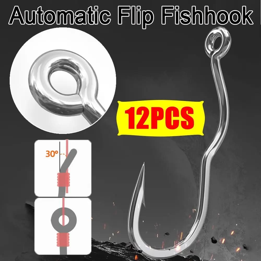12 hameçons automatiques flip en acier haute teneur en carbone, anti-dérapants et ultra résistants pour la pêche