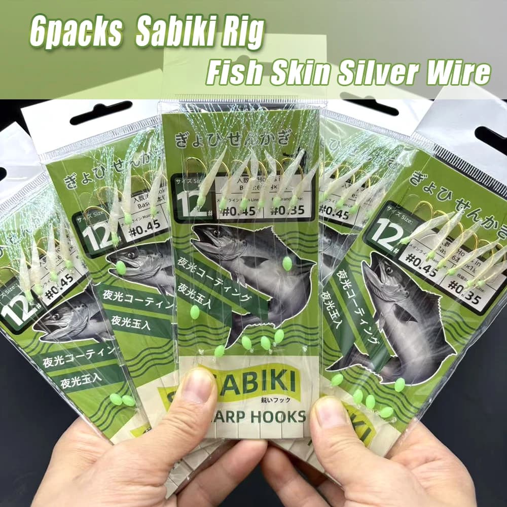 6 montages sabiki avec perles lumineuses pour appâter maquereaux et sardines en pêche en mer