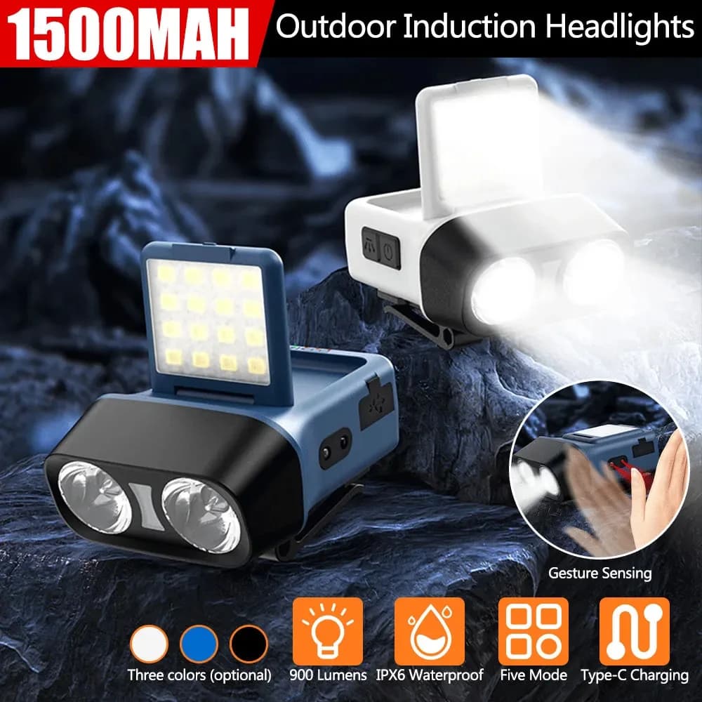 Frontale COB LED avec détecteur de mouvement rechargeable USB - lampe intelligente pour pêche