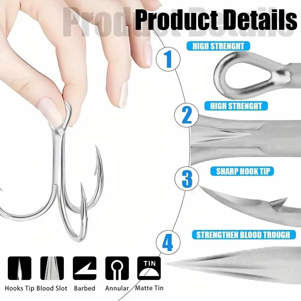 10 hameçons triples Cazulo acier inoxydable renforcé - Pour pêche en eau douce et mer