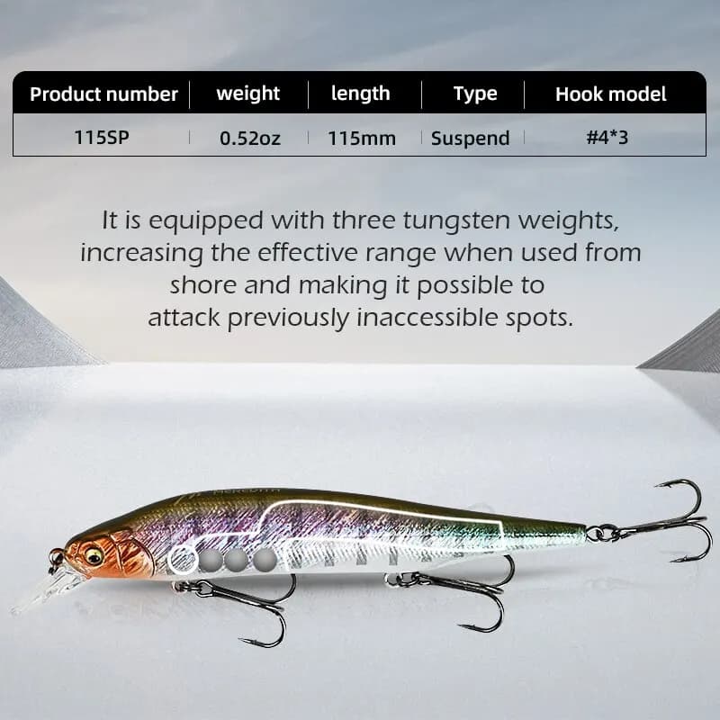 Leurre pêche MEREDITH ITO SHINER-115SP : leurre minnow plombé tungstène pour carnassiers qualité pro