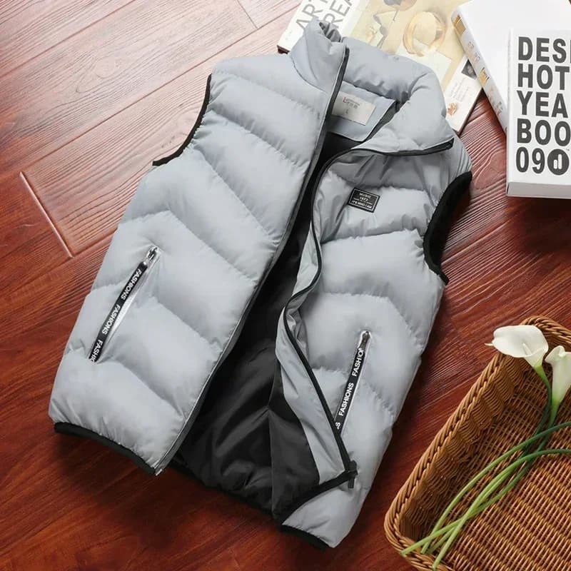 Veste sans manches homme hiver chaude matelassée col montant zippée extérieur solide casual