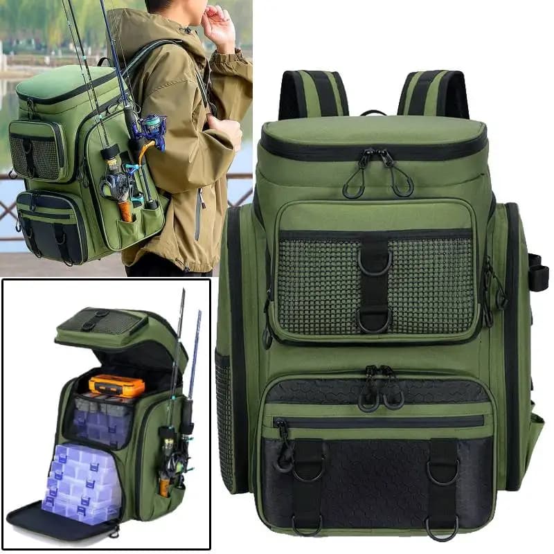 Sac de pêche 50L avec porte-cannes et rangements pour leurres - Grand sac à dos de randonnée
