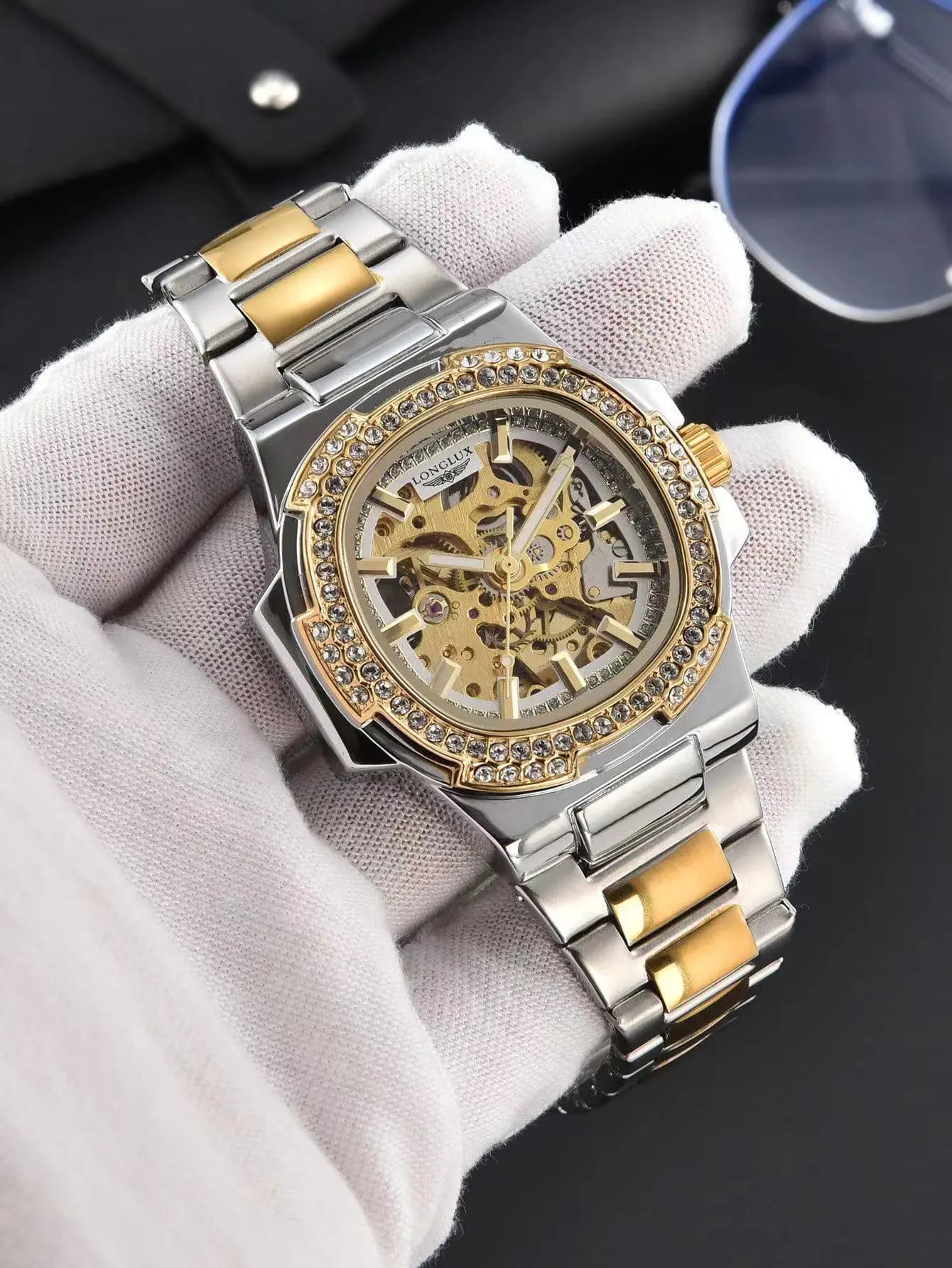 Montre homme automatique LONGLUX luxe acier inox squelettée étanche diamants mécanique bracelets montre homme