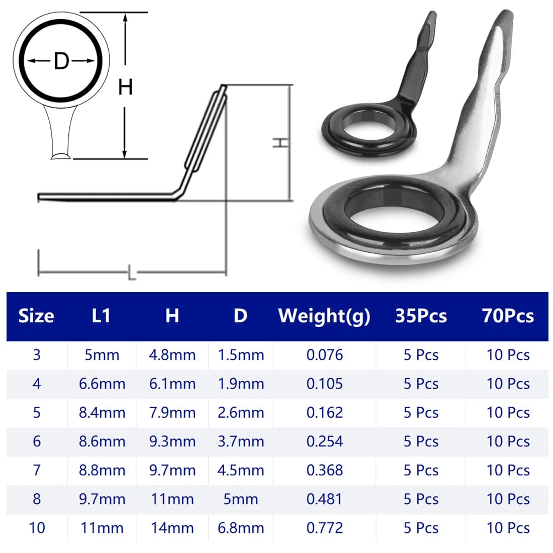 Kit anneaux guidage canne pêche 9KM 5~70 pièces réparation 1.5~6.8mm acier inox ceramique