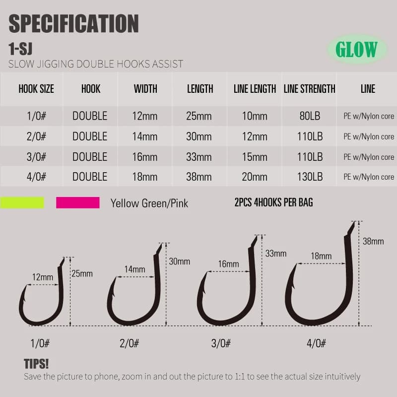 Hameçons Mustad Glow Slow Jigging Twin Assist pour la pêche au dorade en mer