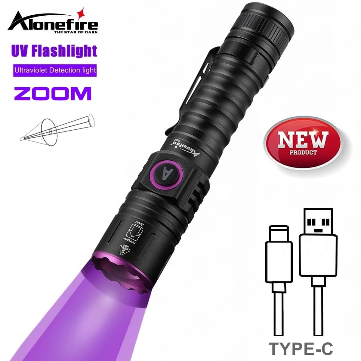 Lampe UV LED zoom rechargeable Type-C - Détection invisible encre urine animaux fluorescence