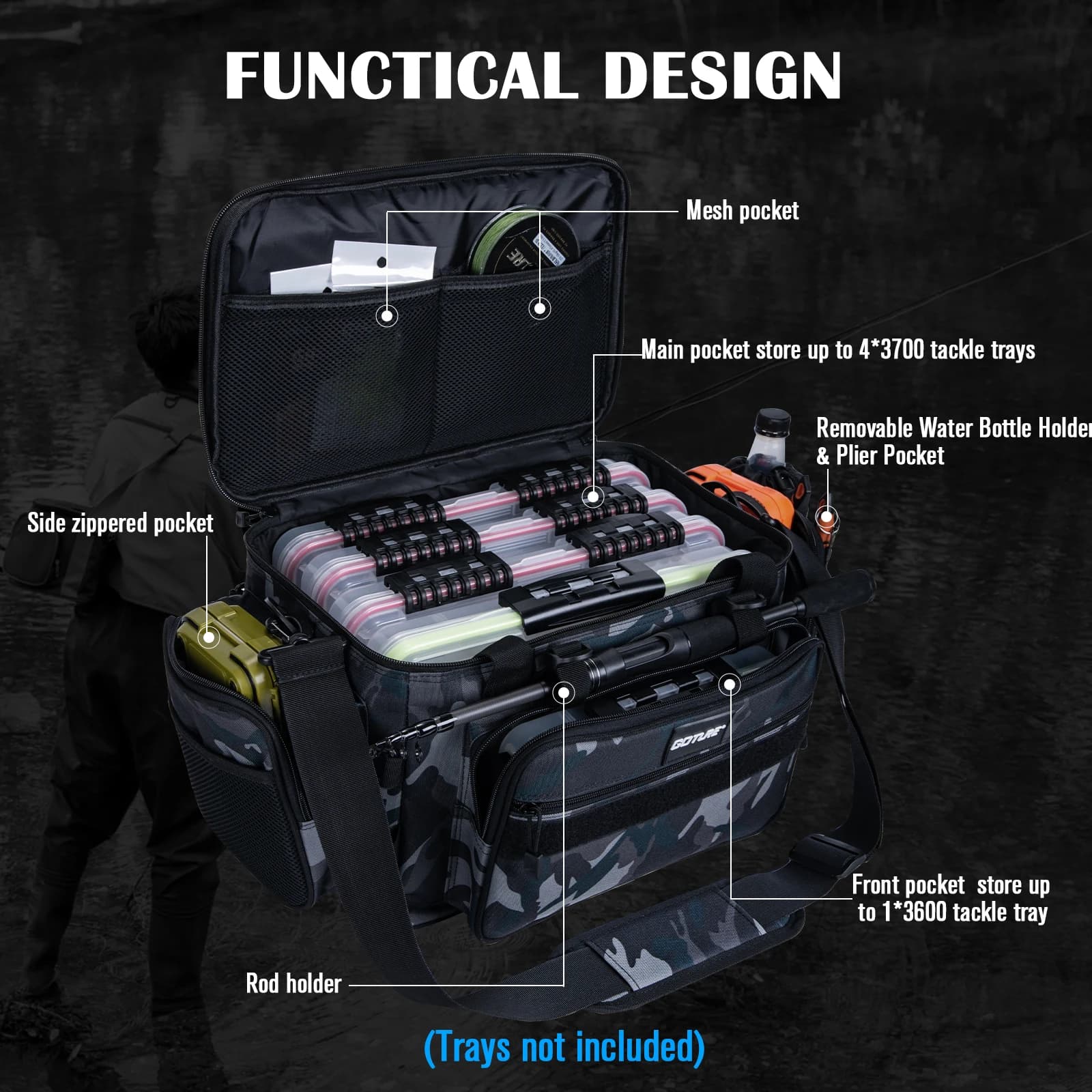 Sac de pêche étanche Goture 37x24x29cm - Backpack multifonction grande capacité pour leurres et accessoires