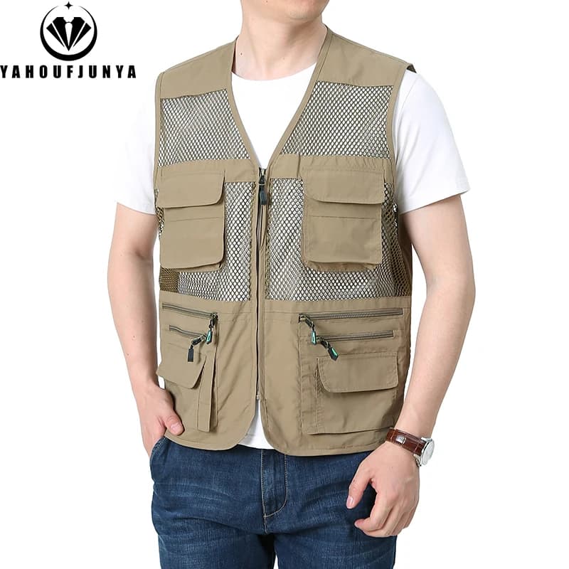 Veste de pêche sans manches homme 8XL avec multiples poches et fermeture éclair, parfaite pour le