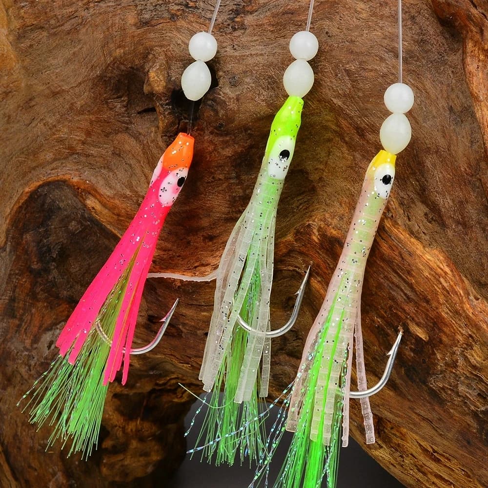 Kit de 6 leurres souples luminescents Sabiki pour pêche en mer : seiches, maquereaux et chinchards