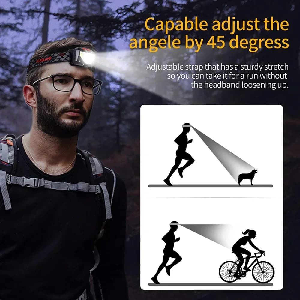 Lampe frontale pêche 6 modes XPE+COB rechargeable USB étanche pour running et camping nocturne
