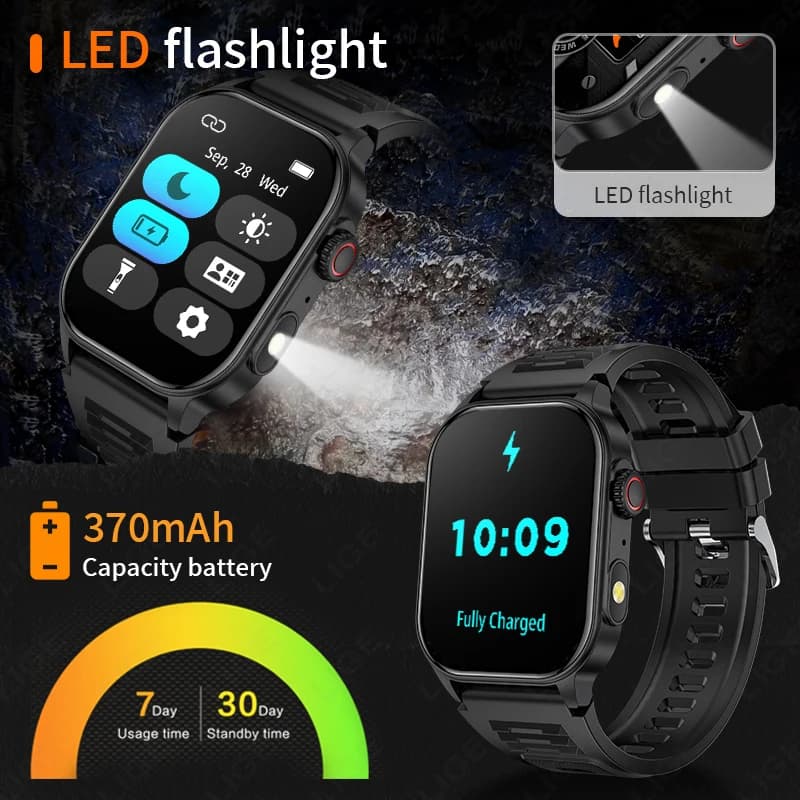 Montre intelligente LIGE avec lampe torche et écran 2.01" - Assistant vocal IA pour pêcheurs