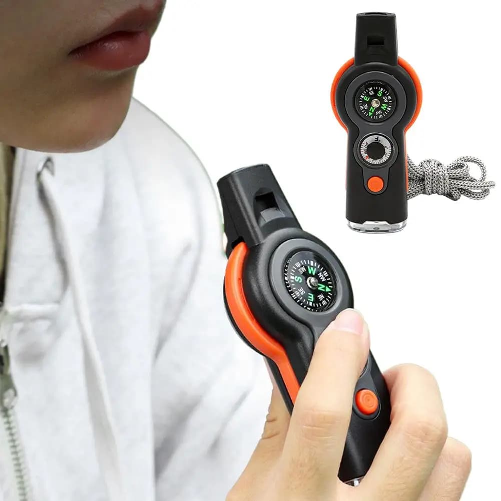 Sifflet survie multifonction 7-en-1 - Accessoire voyage avec LED et boussole pour pêche