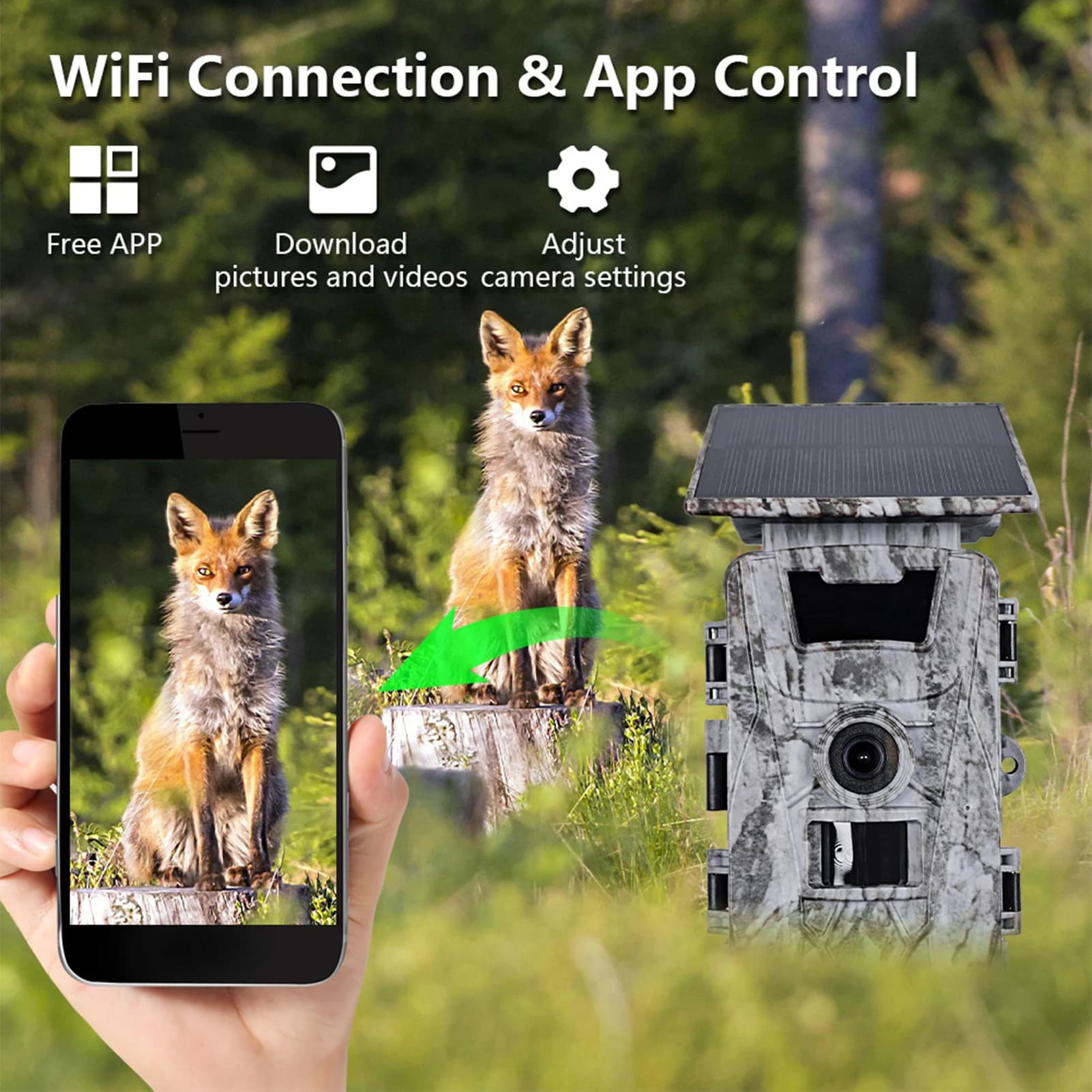 Caméra solaire WiFi APP 4K 60MP étanche IP66 - Contrôle mobile pour surveillance animalière professionnelle