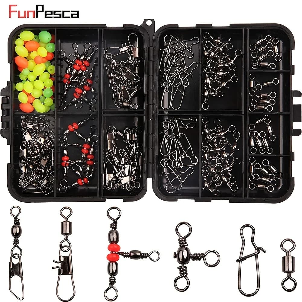 Kit 140 pièces émerillons et snaps pêche - Émerillons à billes, connecteurs triples et clips