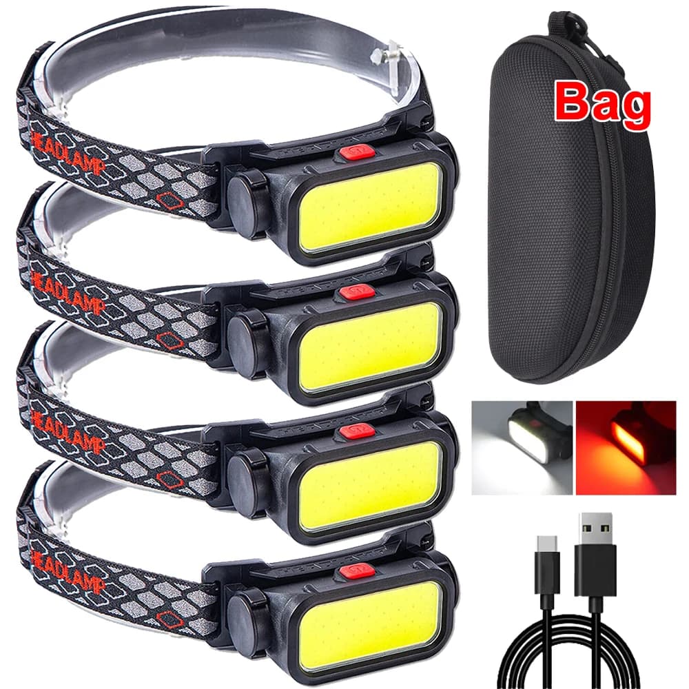 Lampe frontale COB LED puissante rechargeable USB pour pêche nocturne et camping - 4 modes