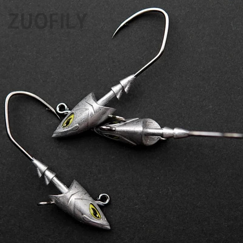 5 hameçons plombés mer avec tête de poisson simulée 14g 21g 28g 42g pour bar dorade