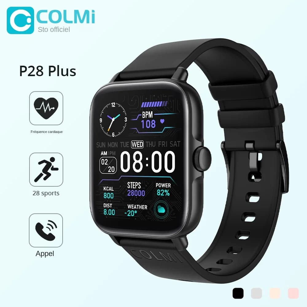 Smartwatch COLMI P28 Plus réponse appels Bluetooth étanche IP67 compatible Android iOS montre homme femme