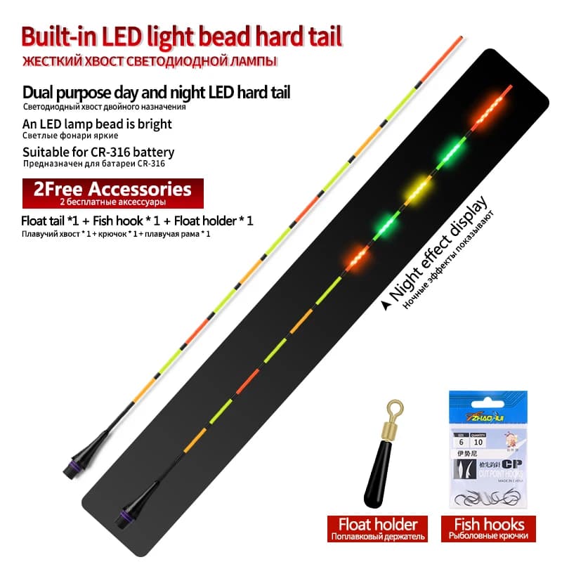 Flotteur lumineux LED pour pêche de nuit avec hameçons et tube de rangement CR316 CR322