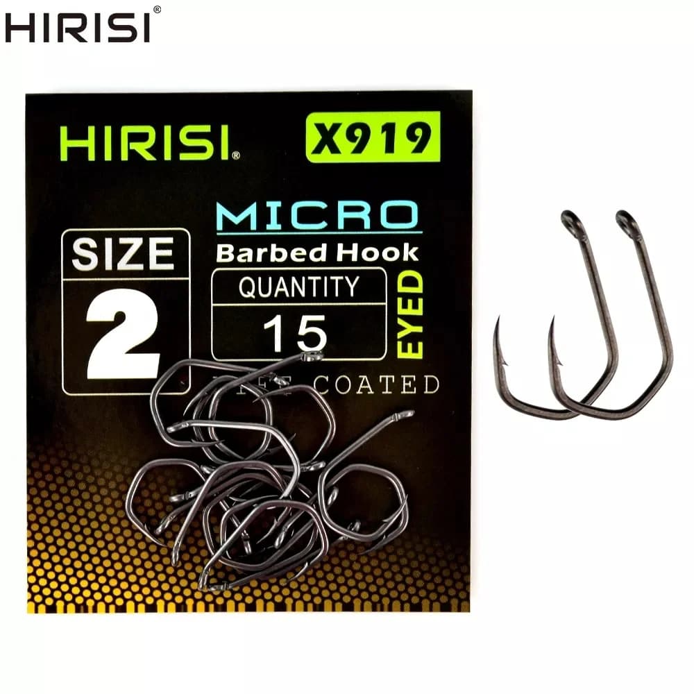 Hameçons carpe micro-barbés acier carbone PTFE 15 pièces Hirisi X919 pour pêche précise