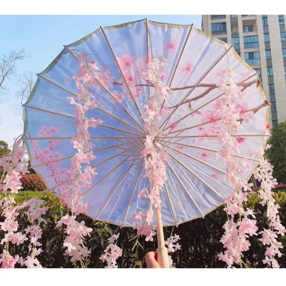 Parapluie Hanfu 82cm bleu ciel fleuri étanche cosplay japonais sakura printemps danse événements