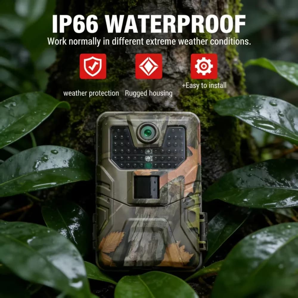 Caméra de chasse 4K WiFi vision nocturne camouflage surveillance faune étanche IP66 sans lueur IR