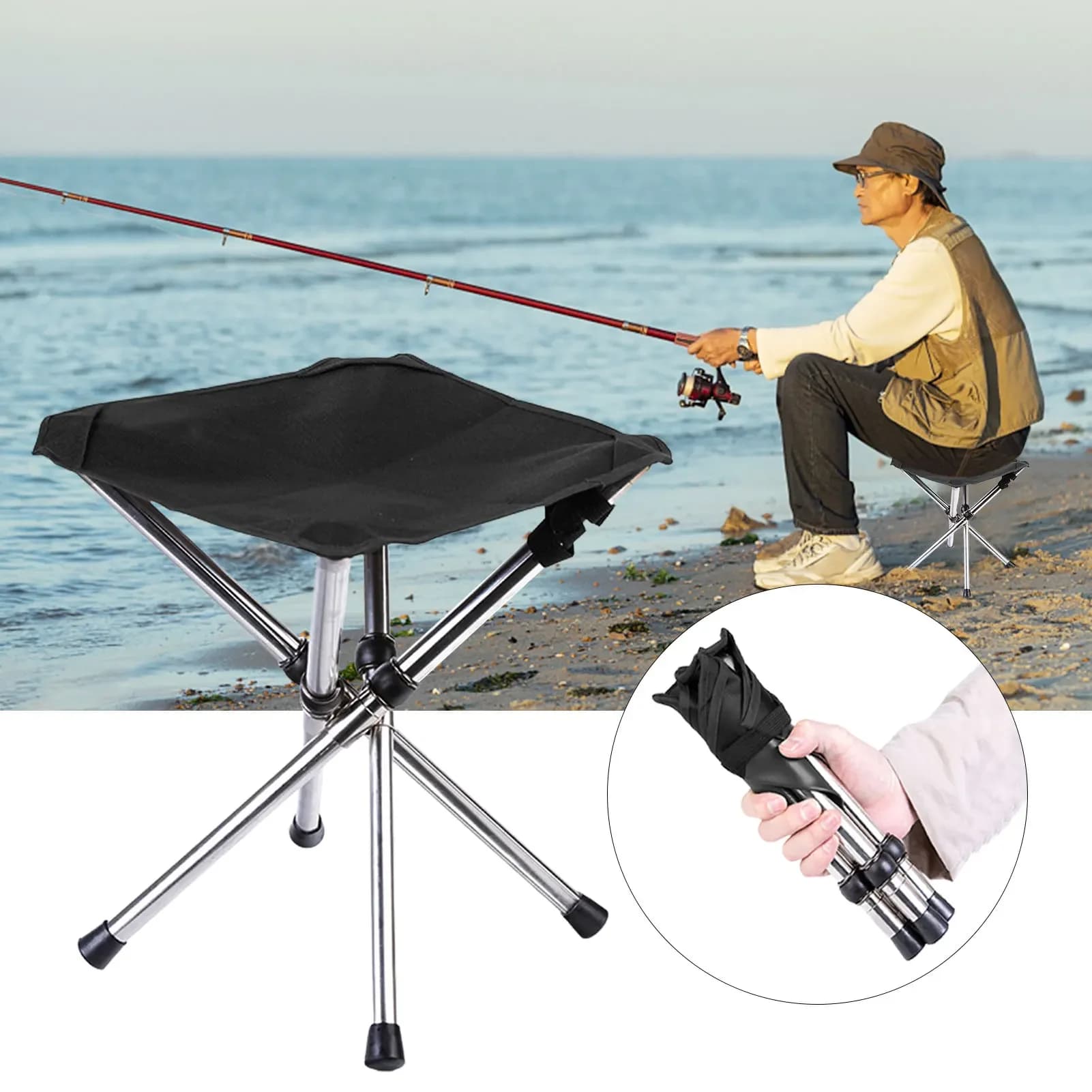 Tabouret pliant trépied pêche portable - Siège camping compact pour plage et rivière