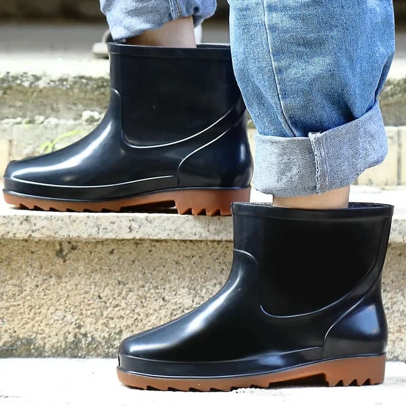 Bottes pluie plastique courtes rondes antidérapantes automne résistantes semelle PVC tendons hommes