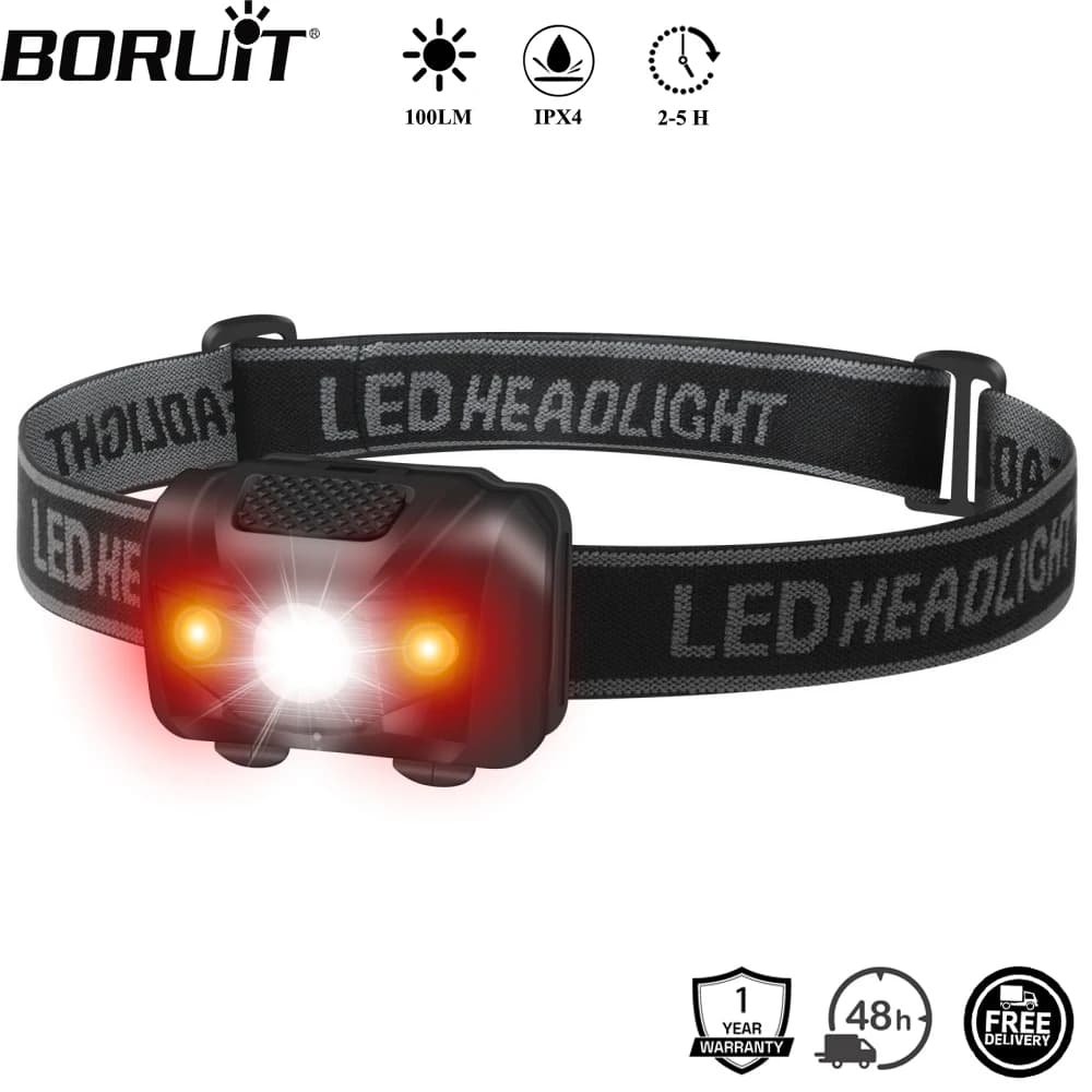 Mini lampe frontale BORUiT 3W LED rouge étanche 4 modes pour pêche discrète nocturne