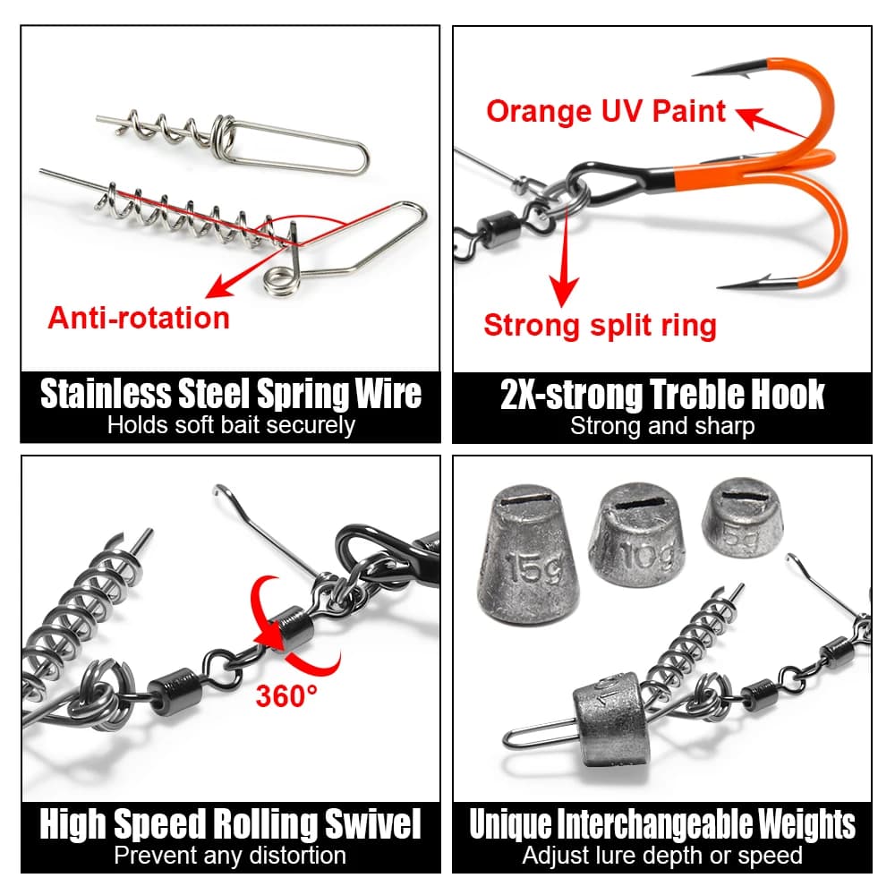Rig stinger Spinpoler pour pêche au brochet avec hameçon UV et émerillon à roulement - Accessoire leurre souple