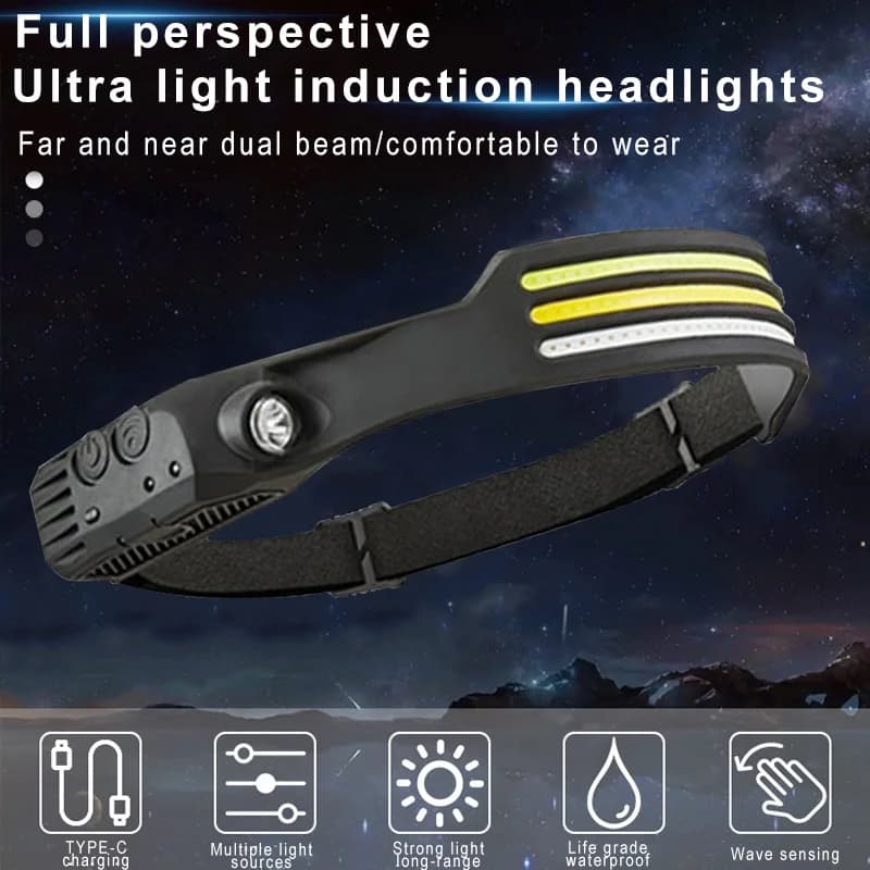 Lampe frontale à induction COB LED 5 modes rechargeable USB pour pêche et activités nocturnes