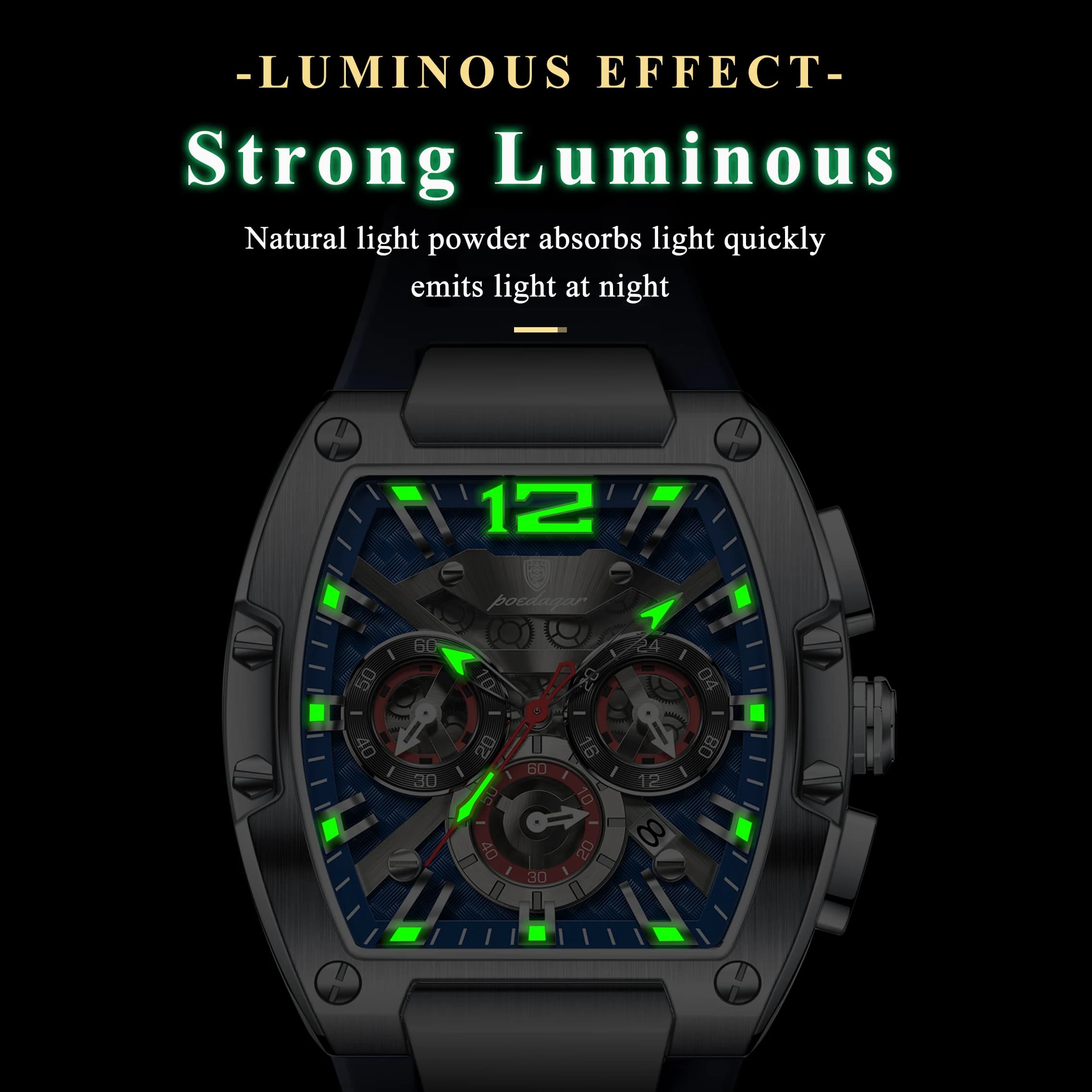 Montre homme militaire étanche POEDAGAR - Chronographe sport pêche avec bracelet silicone et affichage lumineux