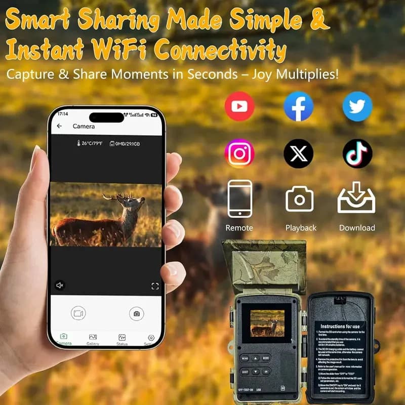 Caméra trail solaire WiFi 5K 60MP étanche IP66 avec contrôle APP et angle large 120°