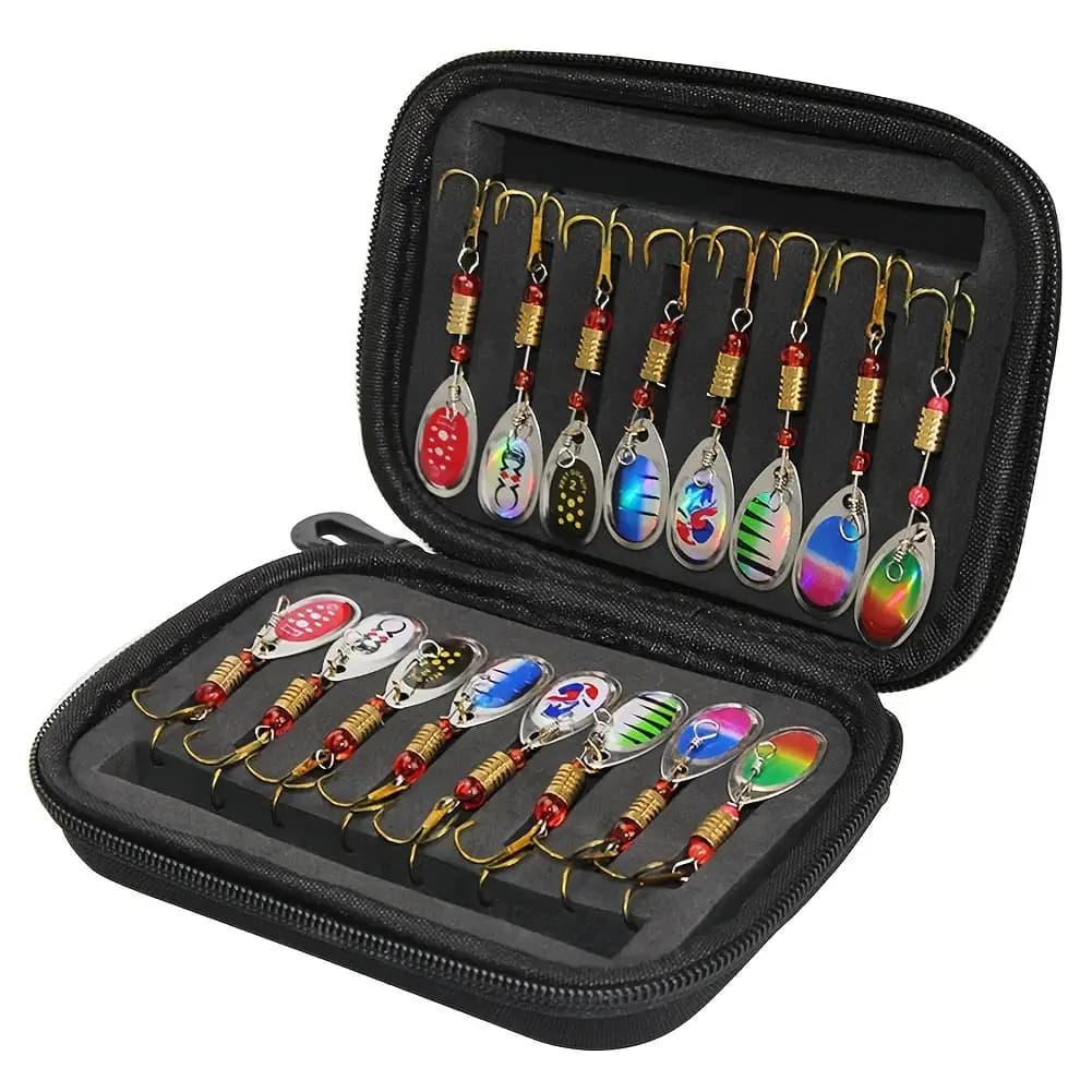 Set de 16 cuillères tournantes métal - Leurres spinner bait pour brochet, bar et truite avec sac de transport