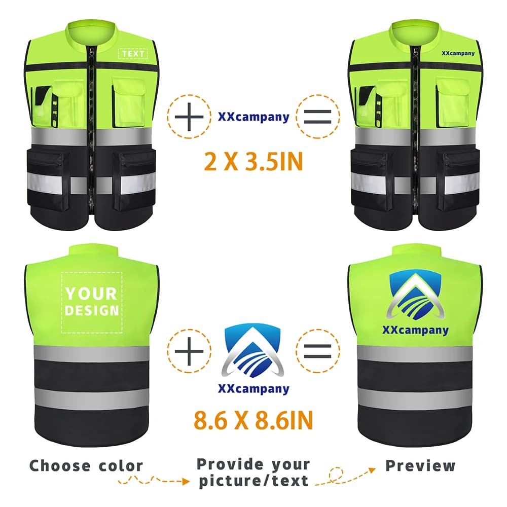 Gilet sécurité deux tons personnalisable logo avec fermeture zippée et poches pêche professionnelle