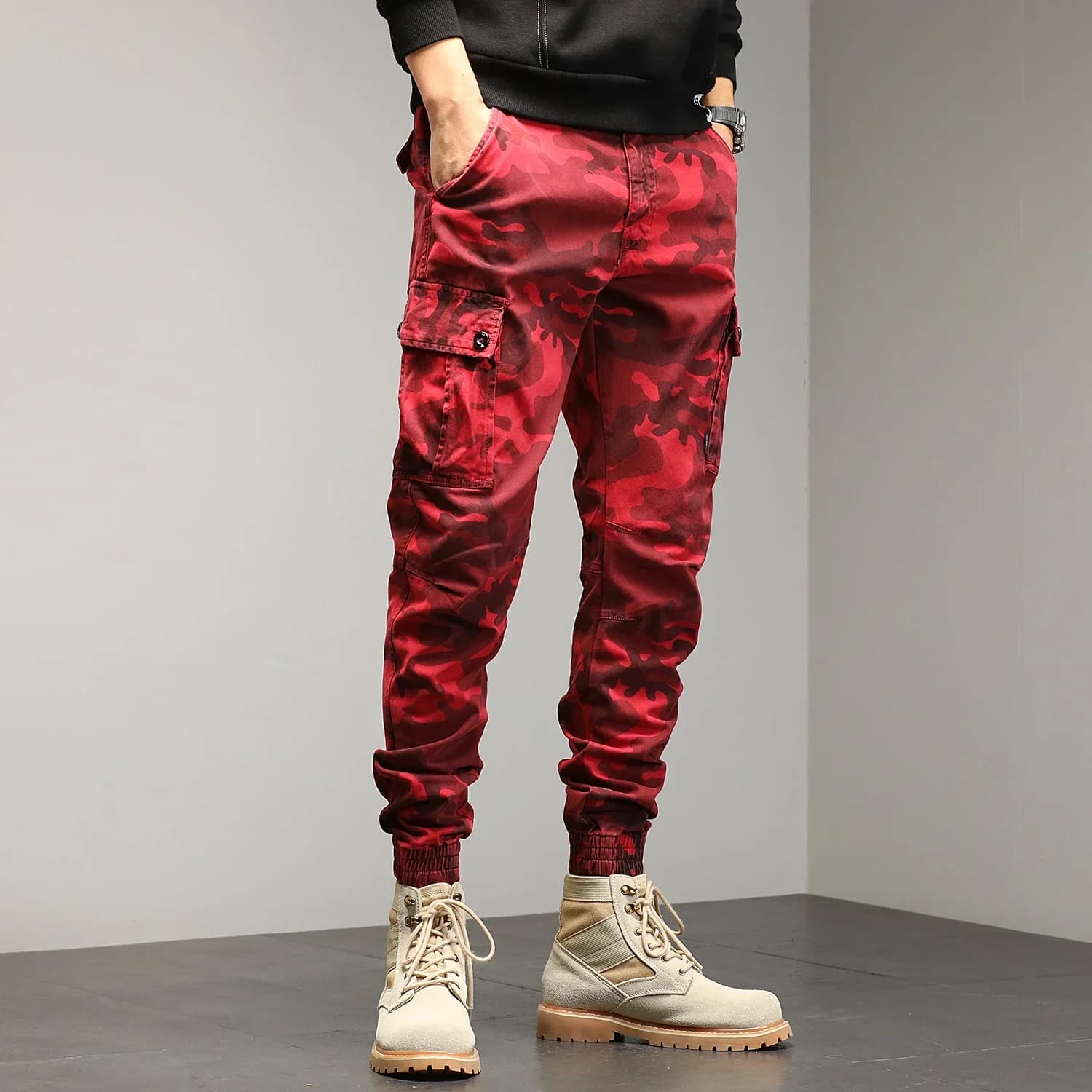 Pantalon cargo rouge camouflage HIQOR - Style streetwear pour pêche urbaine et outdoor fashion