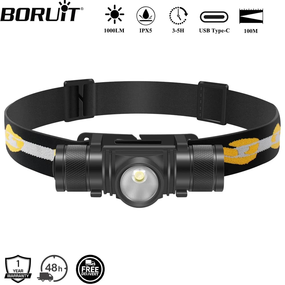 Frontale BORUiT D10 1000LM ultra-légère étanche - Recharge Type-C pour pêche longue durée confortable